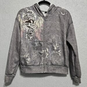 Shein Womens Y2K Rhinestone Graphic Print Zip Up Hoodie Size S Grunge Streetwear